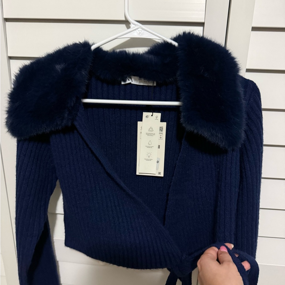 Zara Navy Blue Faux Fur Collar Wrap Sweater